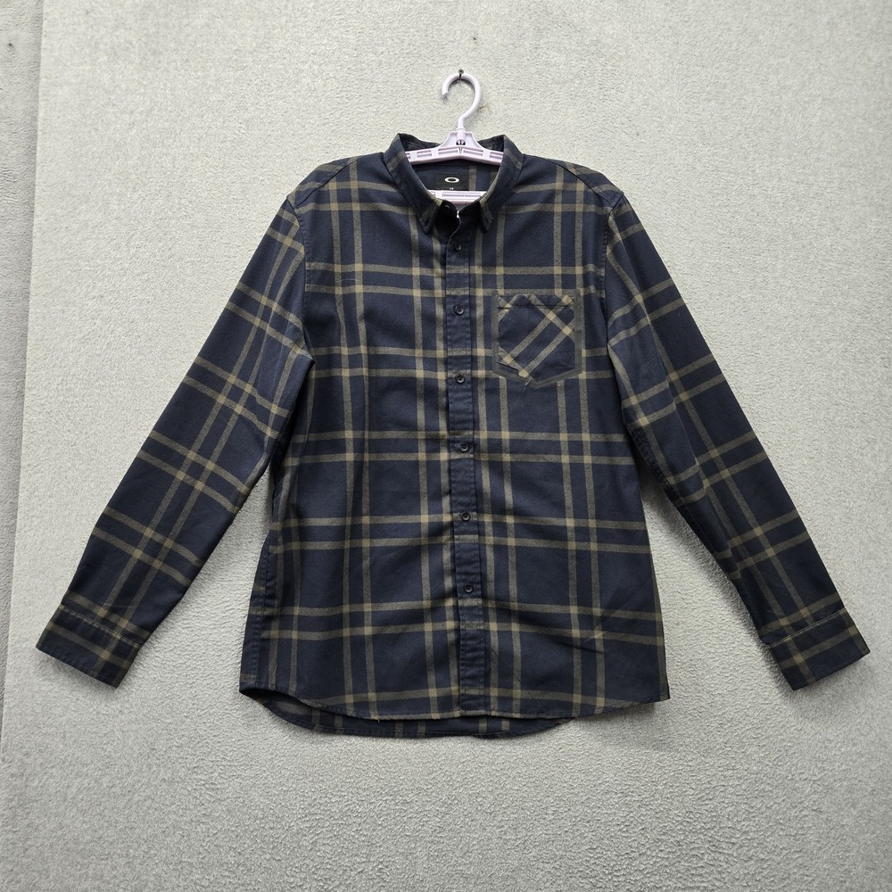 Oakley Men Button Up Shirt L Blue Plaid Regular Fit Long Sleeve Pocket Collar